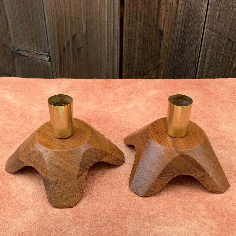 2 Mid-Century Danish Wood Vintage Candle Holders - Picture 2 of 8